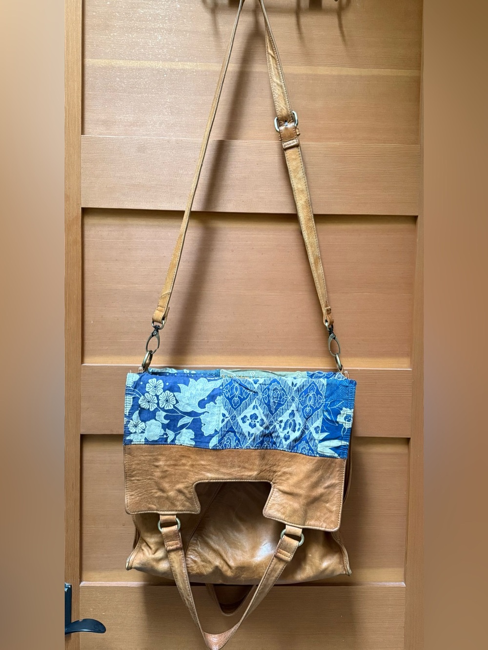 ELF Tan Leather Crossbody with Blue Floral Flap